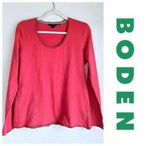 Boden 100% Cotton Slub Rolled Hem Scoop Neck Long Sleeve Tee in Pink & Brown 10